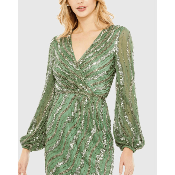 Mac Duggal NWT Embellished Long Sleeve Midi Dress in Sage Size 14 - Picture 2 of 8